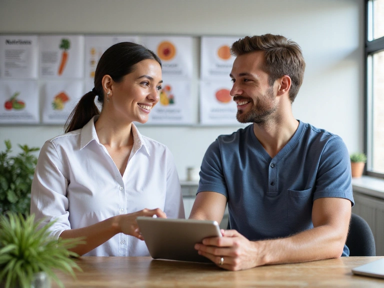 Ilustrace osobní nutriční konzultace s terapeutem a klientem